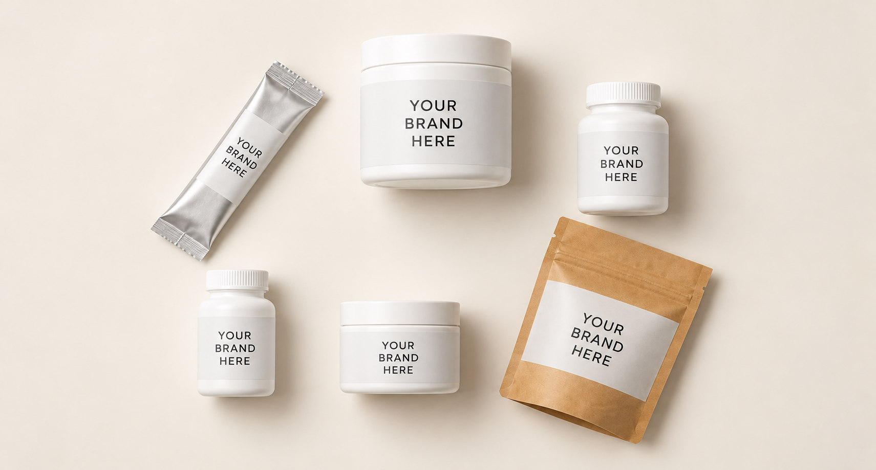 Powder jar, cream jar, bottles, stick pack and pouch with clean Your Brand Here labels